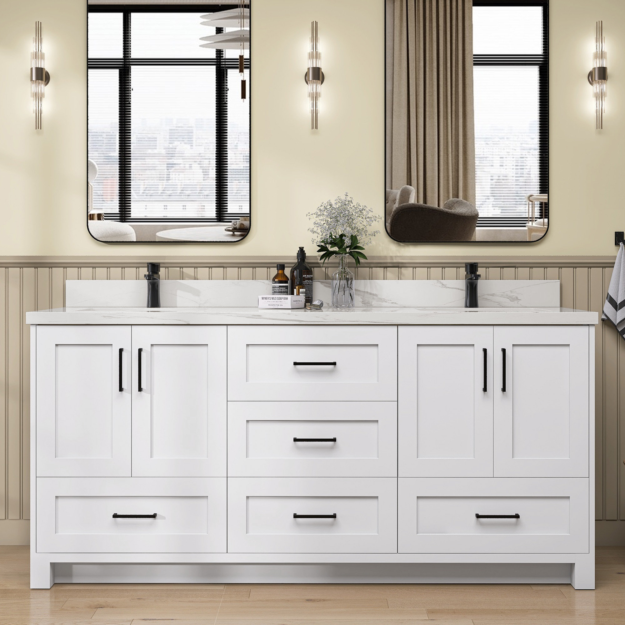 GETPRO 72" Freestanding Solid Wood Frame Double Bathroom Vanity Base ...